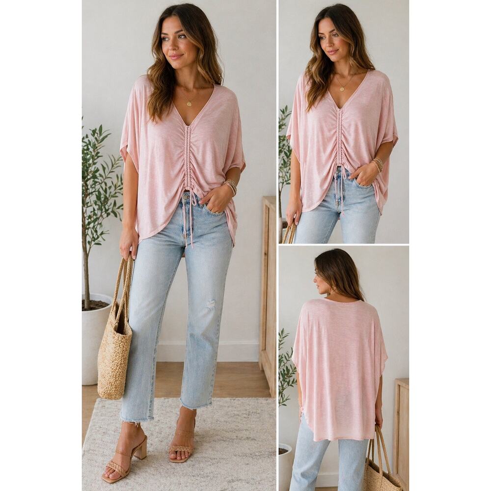 Oli & Hali Medium Blush Pink Boho V Neck Ruched‎ Drawstring Oversized Dolman Top